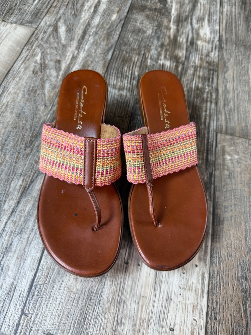 Contesa Pink Made In Italy Woven Strap Thong Sandal - Brown Footbed, 8